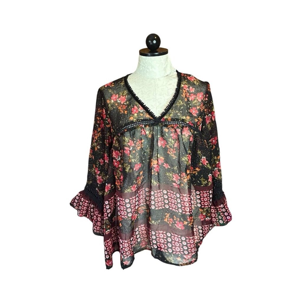 John Paul Richard Top Womens Sz L Floral Paisley Boho Blouse Bell Sleeves Sheer